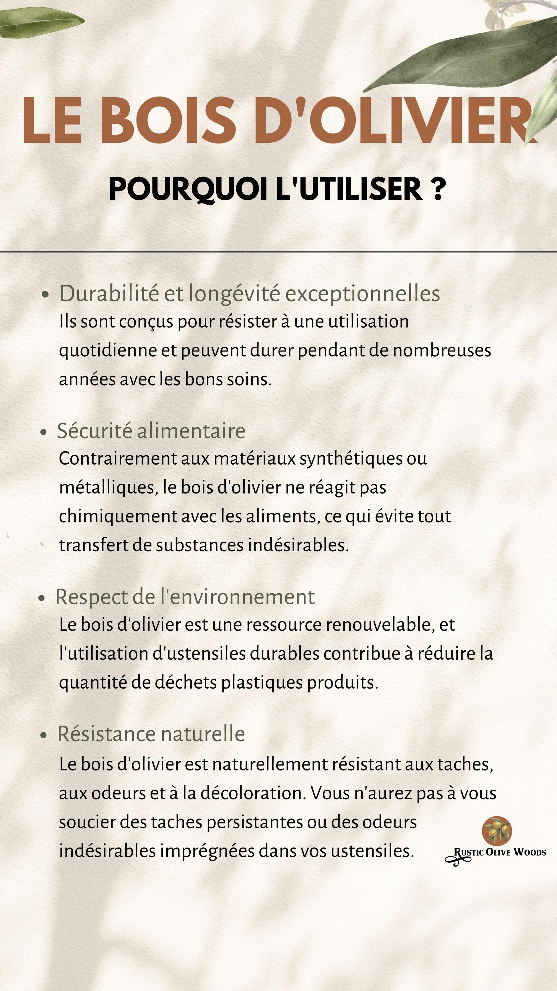Fiche récapitulant les bienfaits du bois d&#39;olivier et pourquoi l&#39;utiliser au quotidien